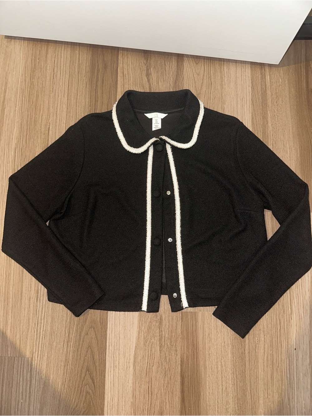 H&M Black Cardigan with White Trim and Tie